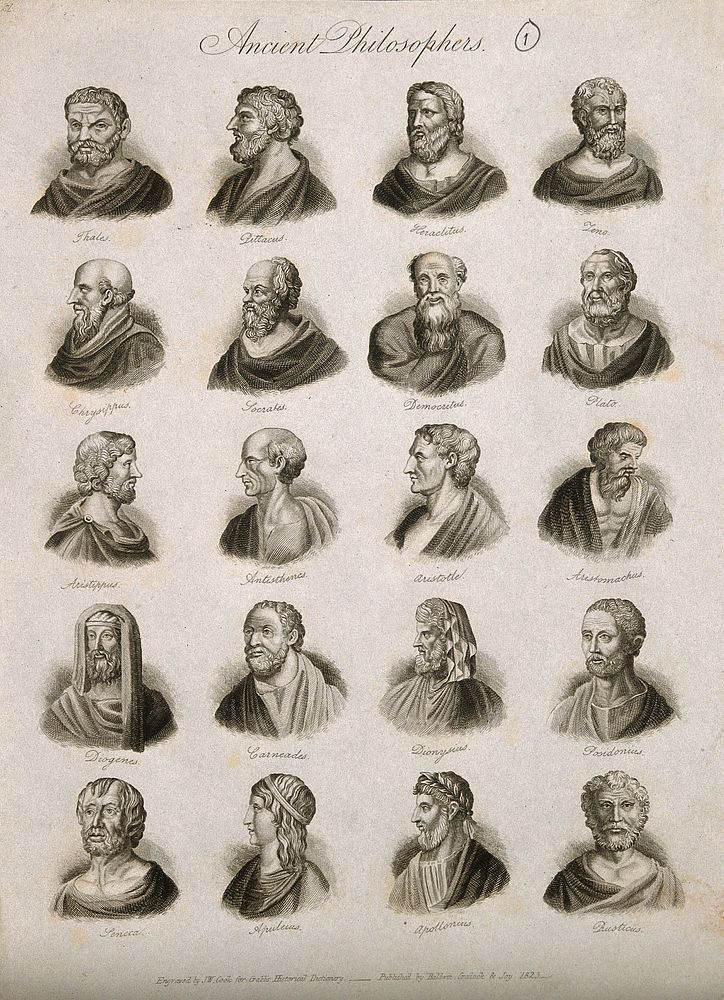Philosophers: twenty portraits of ancient thinkers. Engraving by J.W. Cook, 1825.