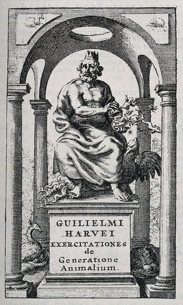 William Harvey: frontispiece to his book Exercitationes de generatione animalum. Reproduction of an engraving.