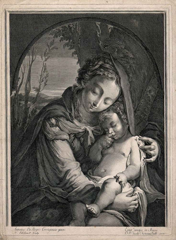 Saint Mary (the Blessed Virgin) with the Christ Child. Engraving by N.E. Edelinck, 1708.