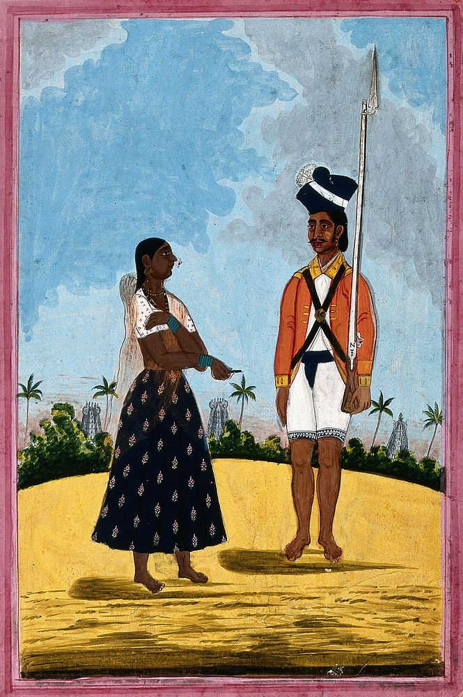 A sepoy and his wife. Gouache drawing, 18--.
