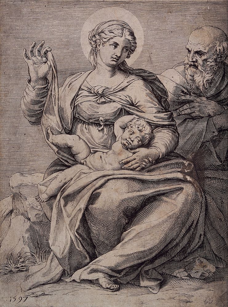 Saint Mary (the Blessed Virgin) and Saint Joseph with the Christ Child. Engraving by Agostino Carracci, 1597.