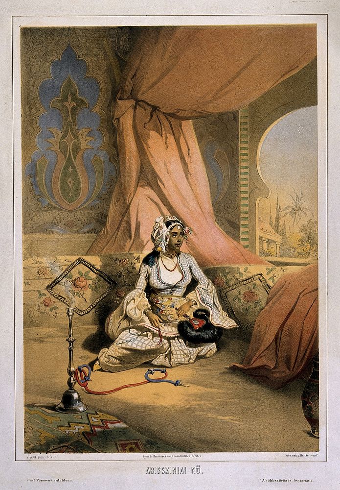 An Abyssinian woman sits on the floor near a smoking hooka. Coloured lithograph by J. Heicke after I. Forray, 18th century.