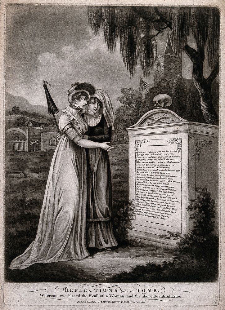 Two ladies contemplate a tombstone. Mezzotint, 1803.