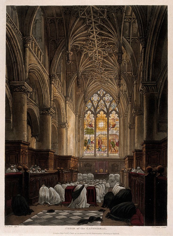 Christ Church, Oxford: prayers in the chapel. Coloured aquatint by F.C. Lewis, 1813, after F. Nash.
