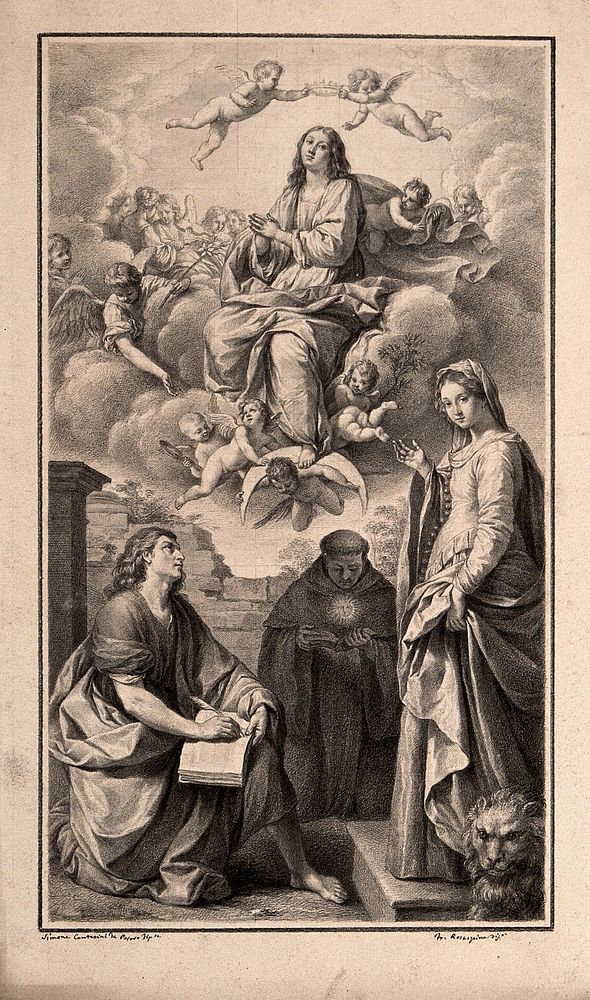 The Virgin Mary with angels and Saint John the Evangelist, Saint Nicholas of Tolentino and Saint Euphemia. Drawing by F.…
