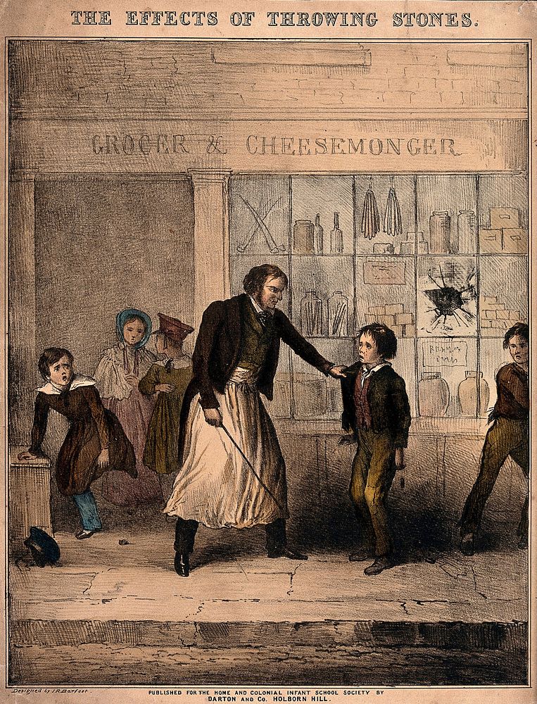 A boy is caught by a shopkeeper and threatened with a stick as punishment for breaking a window. Coloured lithograph after…
