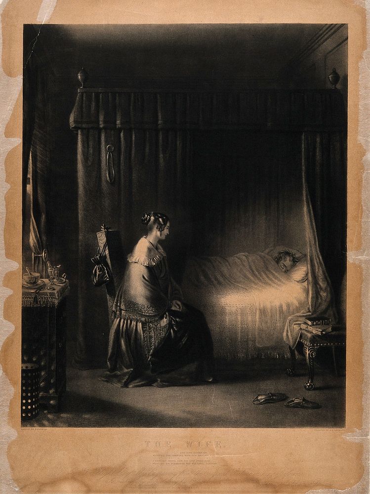 A wife dutifully sits by the bedside of her sick husband, watching over him. Mezzotint by J.C. Bromley, 1837, after E.…