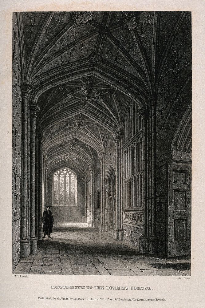 Divinity School, Oxford: hallway. Line engraving by J. Le Keux, 1836, after F. Mackenzie.