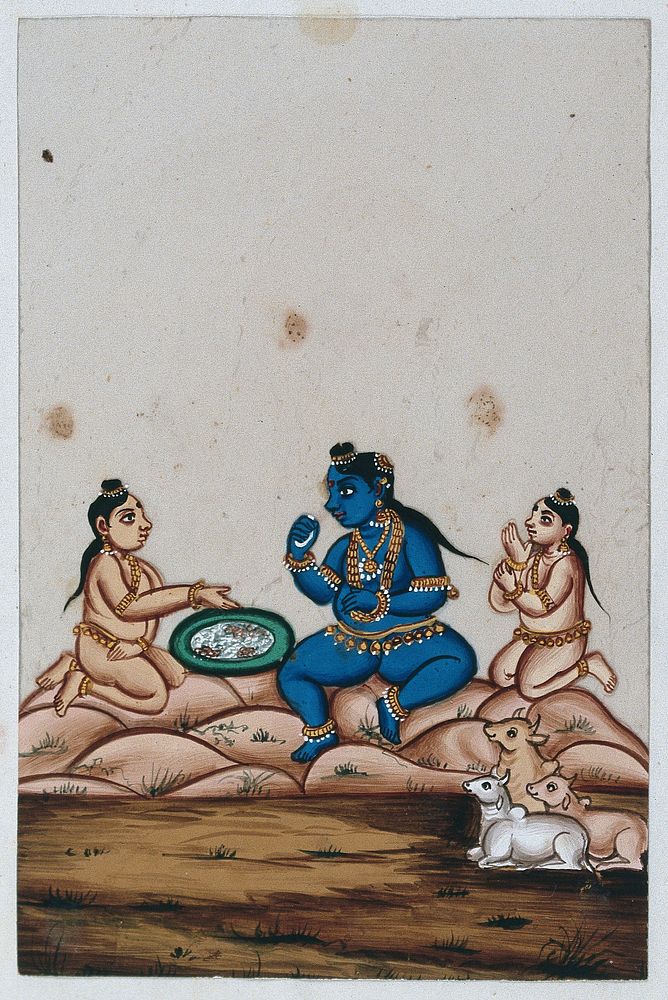 Bala Krishna sitting on a mountain eating food with some friends. Gouache painting on mica by an Indian artist.