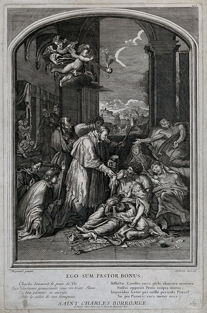 Saint Carlo Borromeo. Engraving by Audran after P. Mignard.