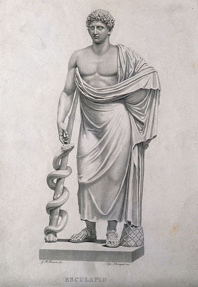 Antonius Musa as Aesculapius . Line engraving by I. Bonaiuti after G.B. Borani.