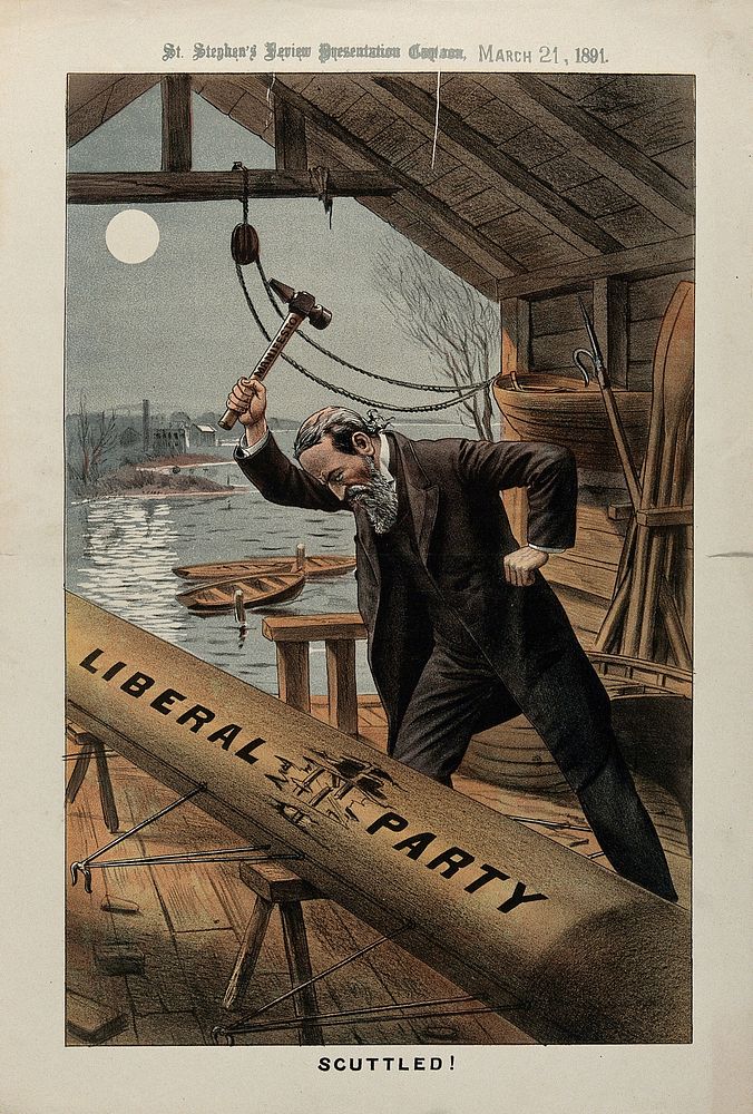 A man in a boat house (C.S. Parnell) is damaging a boat representing the Liberal Party with a hammer inscribed "Manifesto".…