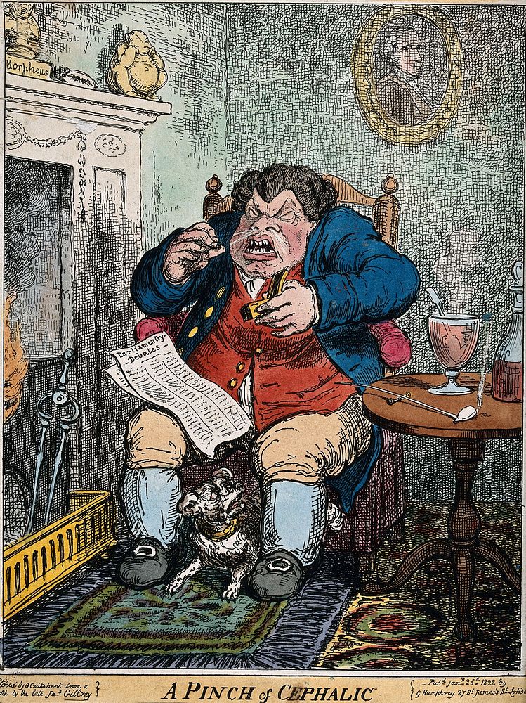 A fat man sits at his fireside taking snuff with a smoking pipe and drink by his side. Coloured etching by G. Cruikshank, c.…