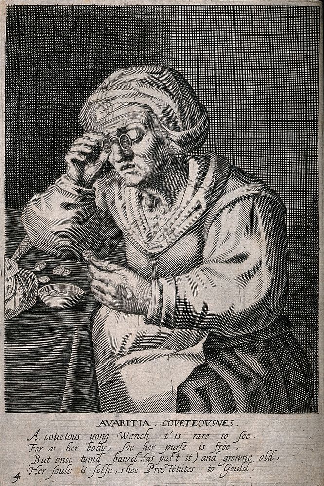 An old woman counts her money using spectacles. Line engraving.
