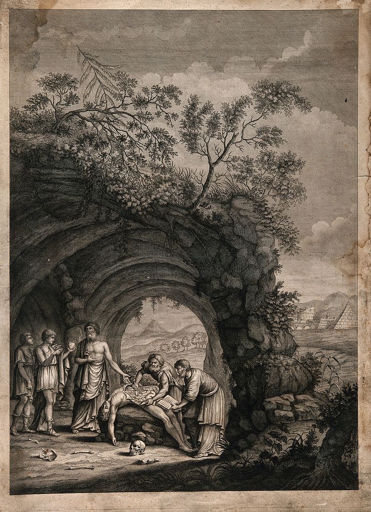An anatomical dissection in the ancient world, in a landscape setting. Engraving, 1801.