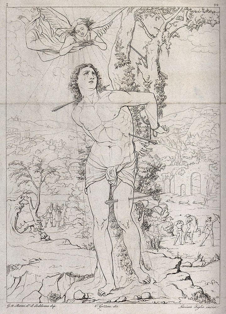 Martyrdom of Saint Sebastian. Engraving by G.P. Lasinio after V. Gozzini after G.A. Bazzi, il Sodoma.