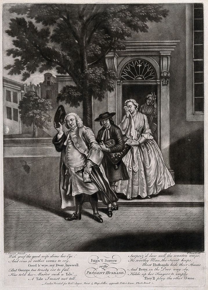 A man leaves the house followed by his servant, a woman weeps and a girl in the background makes a gesture. Mezzotint by…