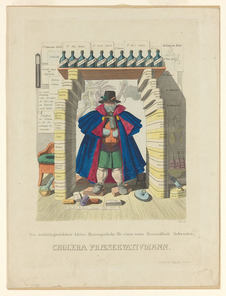 A man barricades himself in with a panoply of protections against the cholera epidemic, the latter represented as a hag;…