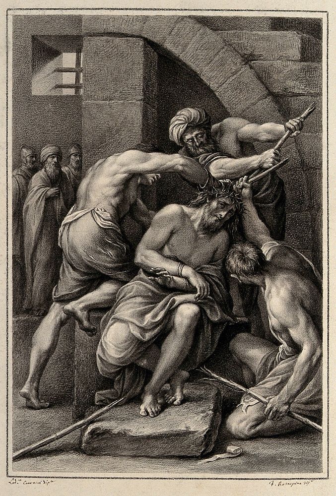 The mocking and flagellation of Christ; he is crowned with thorns and beaten with sticks. Drawing by F. Rosaspina, c. 1830…