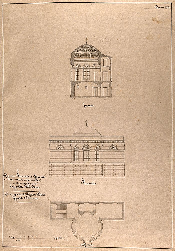 The lazaretto at Foce: section, facade and floor plan of part of the hospital. Pen drawing by I. Cremona, 1825.