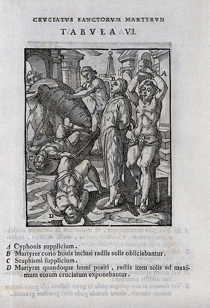 Martyrdom of two male saints and a male figure. Woodcut.