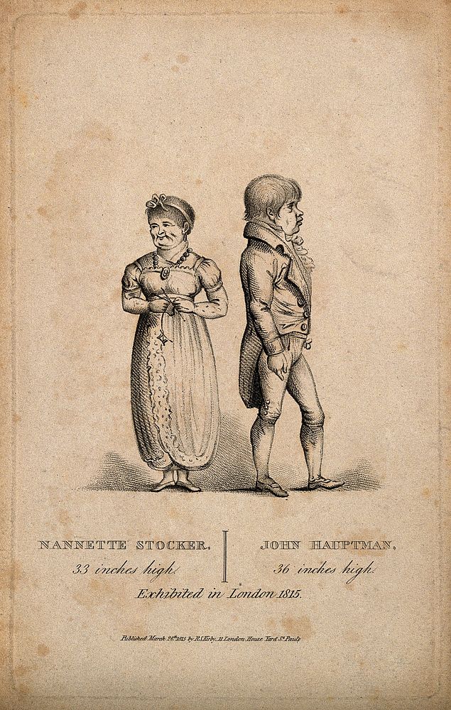Nannette Stocker and John Hauptman, dwarf musicians exhibiting together in London. Stipple engraving, 1815.