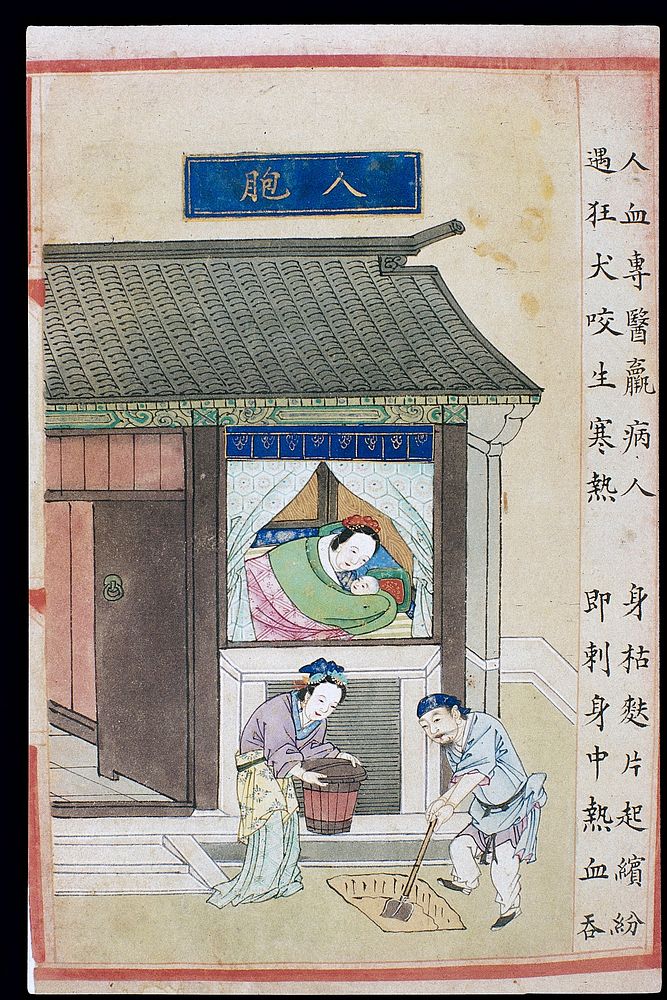 Burying the placenta, C16 Chinese painted book illustration