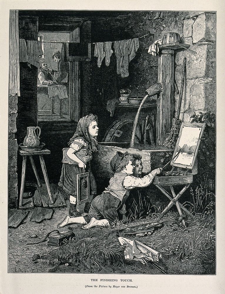 As two adults talk in a back room, a child attempts to add to a painting on its easel, while two other children look on.…