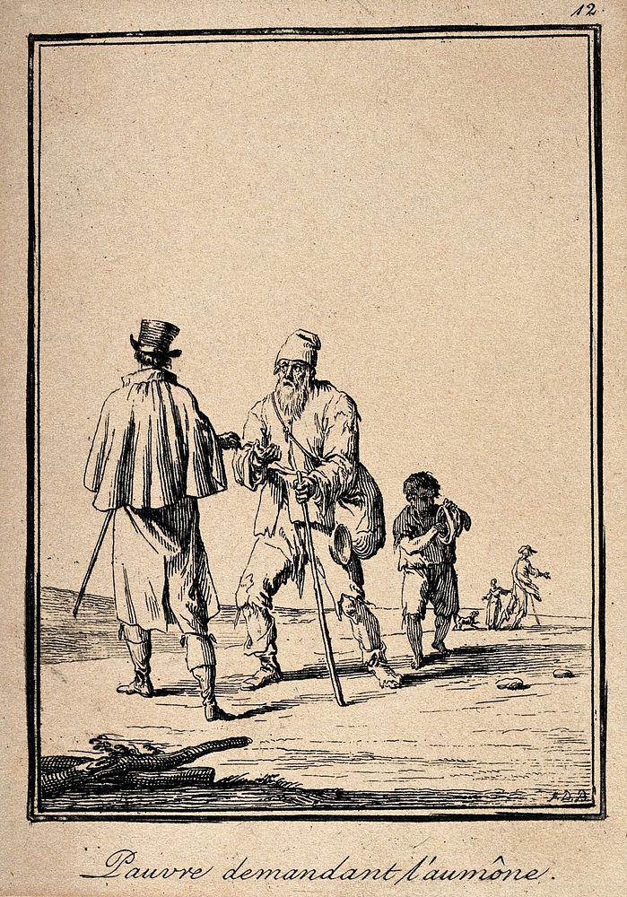 A lame man in ragged clothes and a boy approach a gentleman for alms. Etching by J. Duplessi-Bertaux.