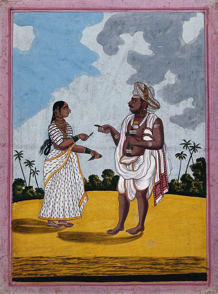 A man from Mysore being handed some betel leaves by his wife. Gouache drawing.