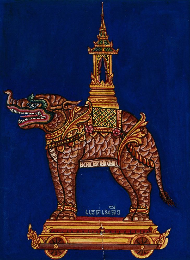 A model of a monstrous four-footed creature standing on a wagon with a howdah on its back. Gouache.