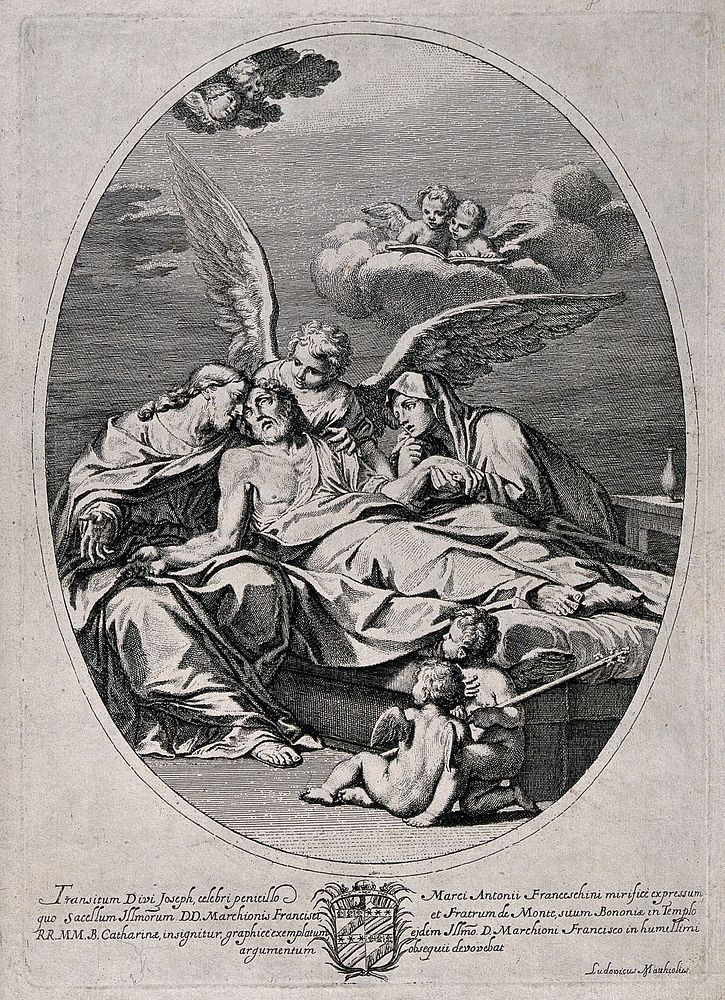 The death of Joseph. Etching by L. Mattioli, c. 1720, after M.A. Franceschini.