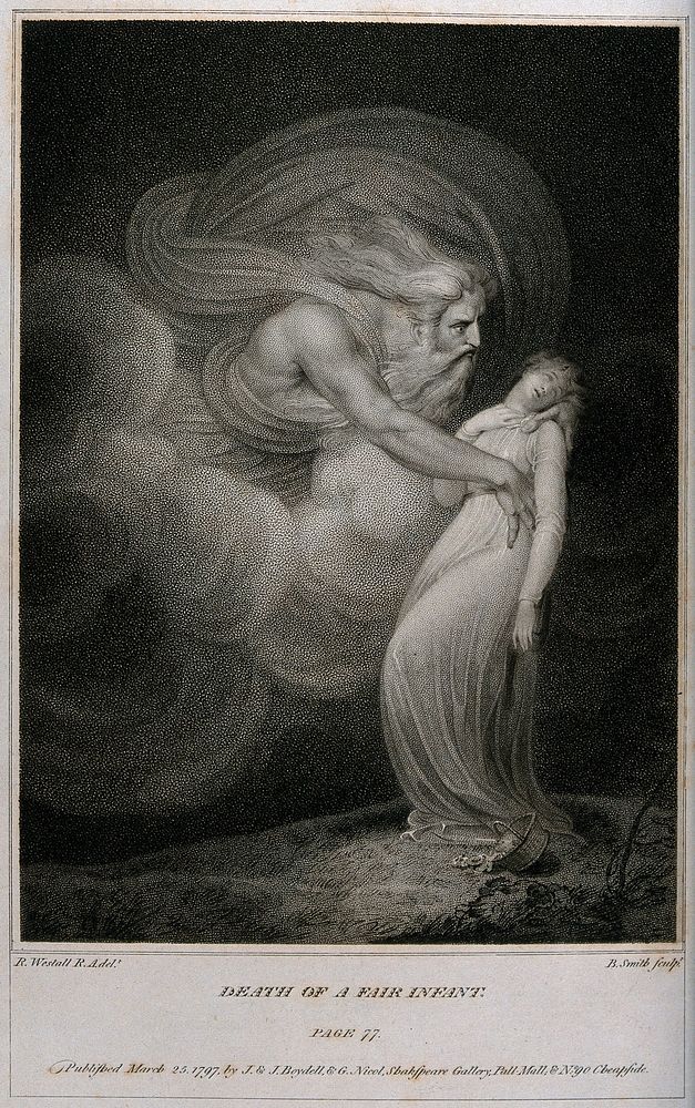 A God-like figure embraces a young fainting girl. Stipple engraving by B. Smith, 1797, after R. Westall.