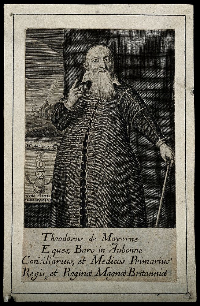 Sir Theodore Turquet de Mayerne. Line engraving, 1731, after F. Diodati.