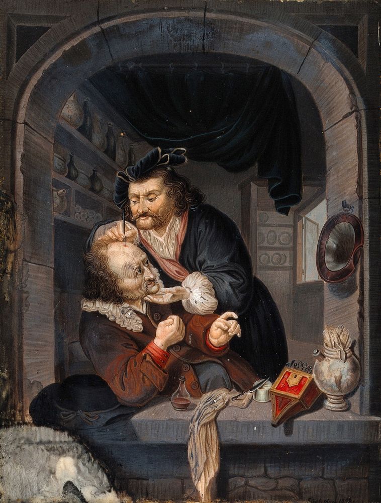 A surgeon in his workroom extracing stones from a man's head; symbolising the expulsion of 'folly' (insanity). Gouache…