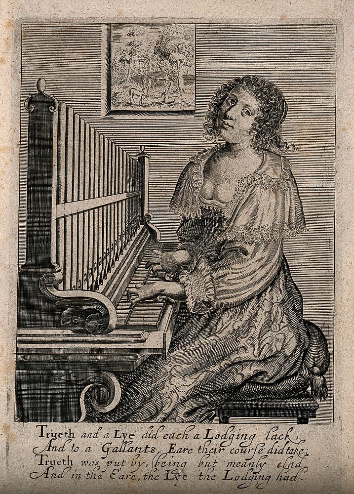 A woman sitting at an organ; representing the sense of hearing. Engraving, 16--.