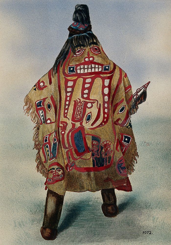 An Ahtena Indian medicine man of Alaska. Coloured photograph, ca. 1913.