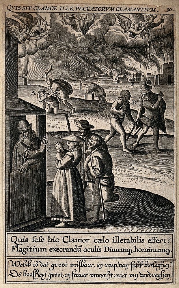 The wrath of God is aroused against murderers, sodomites, oppressors and swindlers. Engraving attributed to T. Galle, 1601.