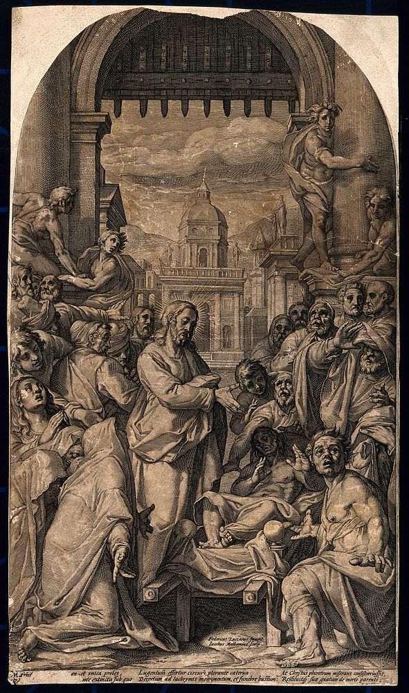 Christ raises the son of the widow of Nain from the dead. Engraving by J. Matham after F. Zuccaro.