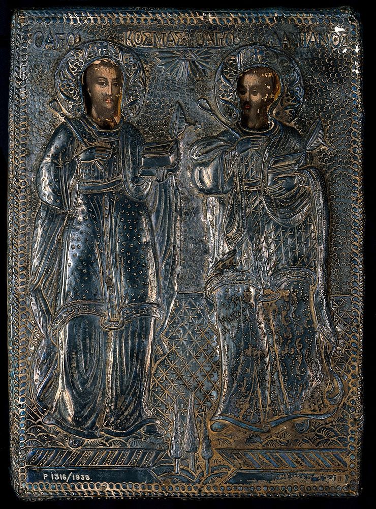 Saint Cosmas and Saint Damian. Tempera painting with metal cover (oklad).