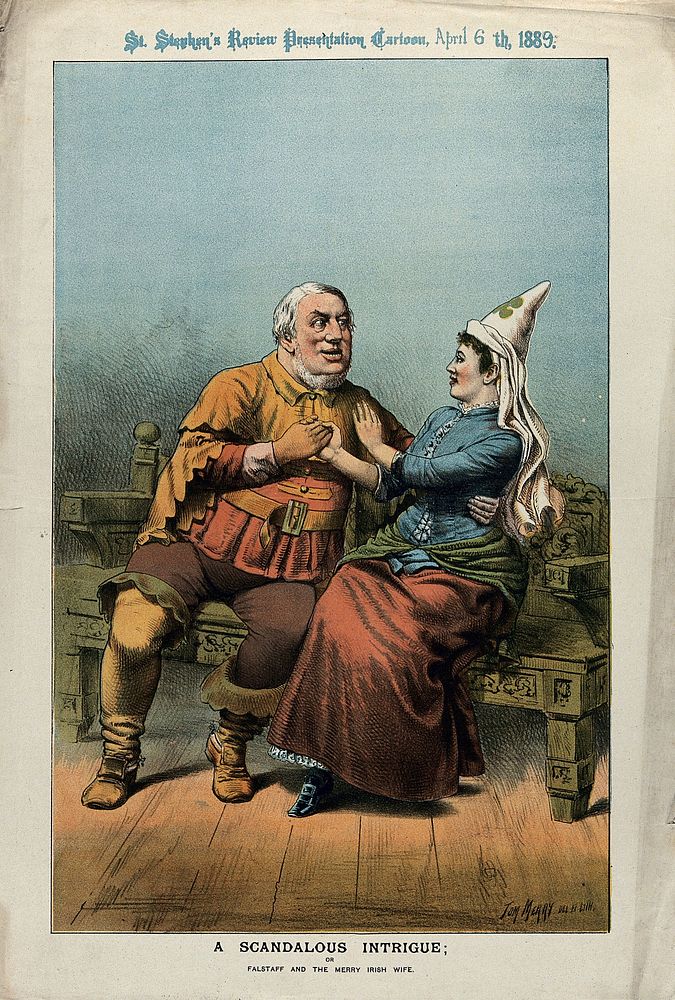 Sir William Harcourt in the role of Sir John Falstaff wooes Ireland in the role of one of the merry wives of Windsor. Colour…