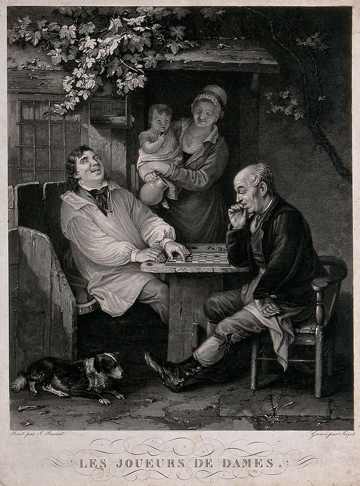 Two men are sitting outside a cottage playing draughts; a woman is in the doorway holding a child and a jug. Aquatint by…