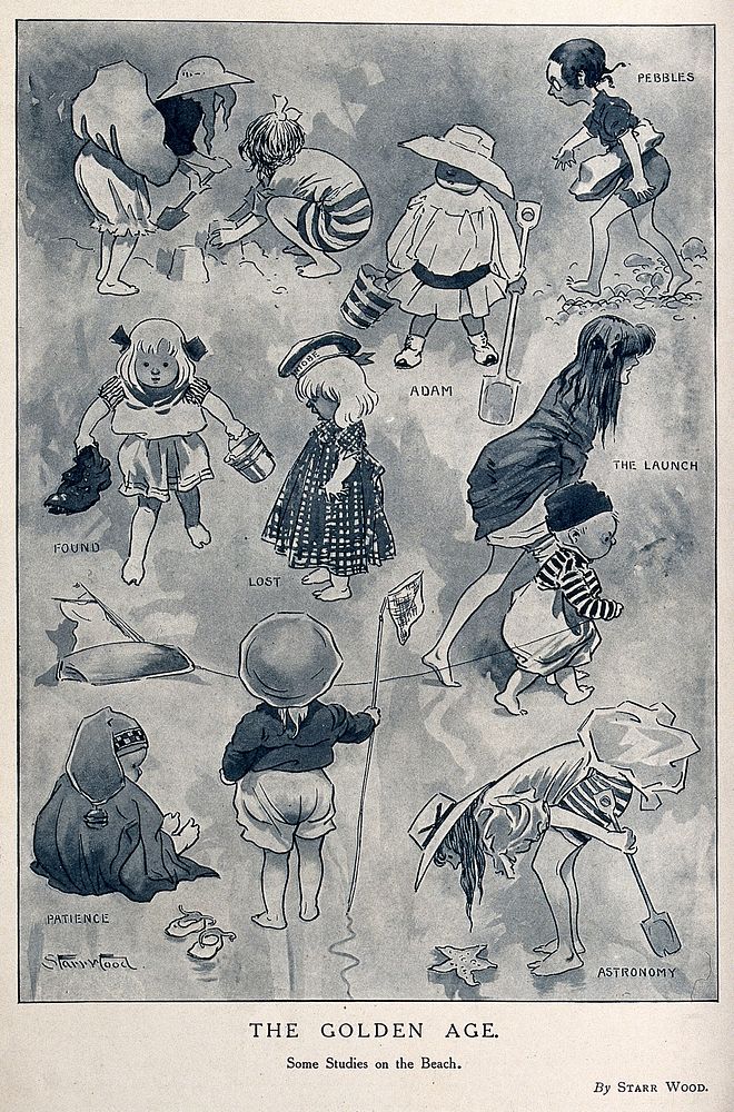 Studies of children as found on holiday on a beach. Process print after Starr Wood.