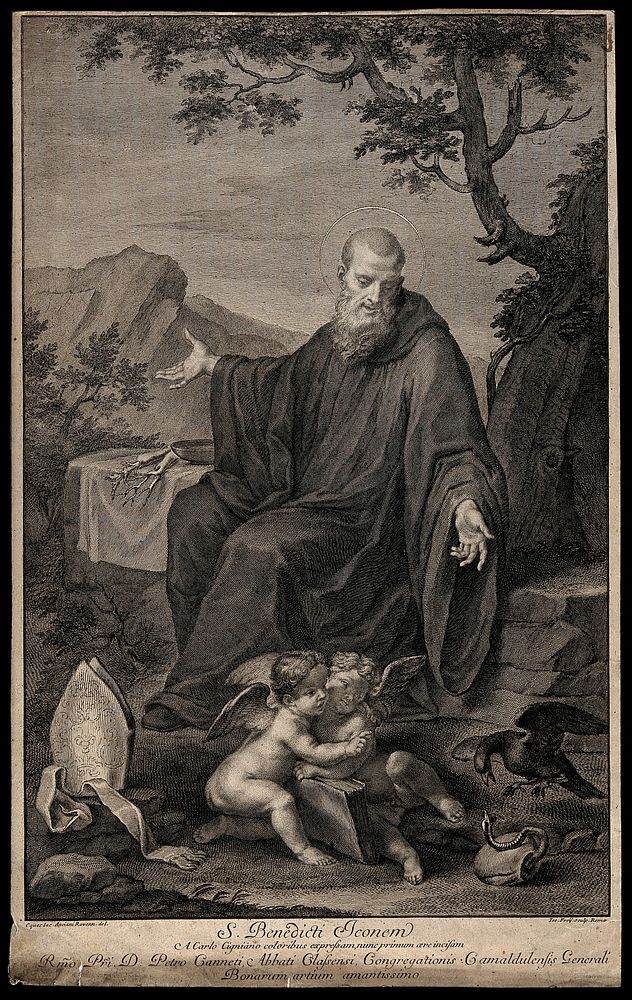 Saint Benedict of Nursia: while he lives as a hermit in a cave near Subiaco, a raven protects him from poisoned bread…