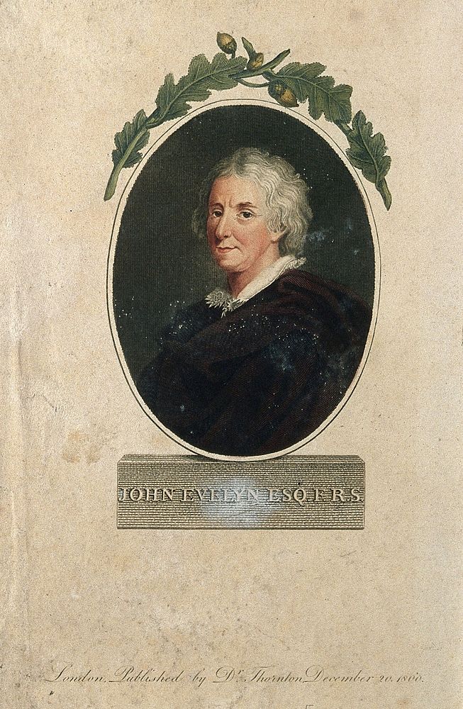 John Evelyn. Coloured line engraving by J. Caldwall, 1800.