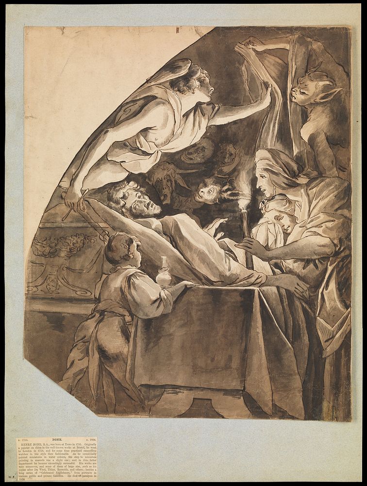 A man on his deathbed. Drawing attributed to H.P. Bone.