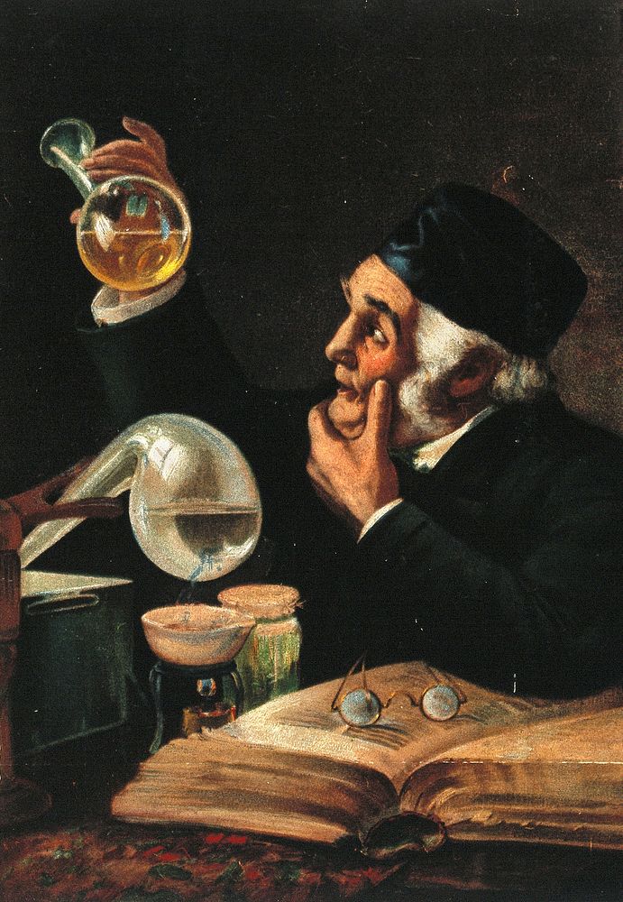 A chemist examining a flask of golden liquid, with a book and chemical apparatus. Colour process print.