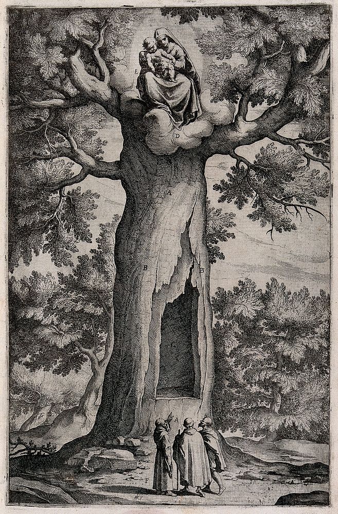 The Virgin and Child appearing at the top of a beech tree to three monks who live on mount La Verna. Etching by R.…