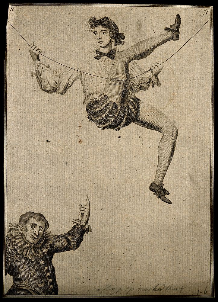 A tightrope walker above a clown. Engraving after M. Laroon, 1688.