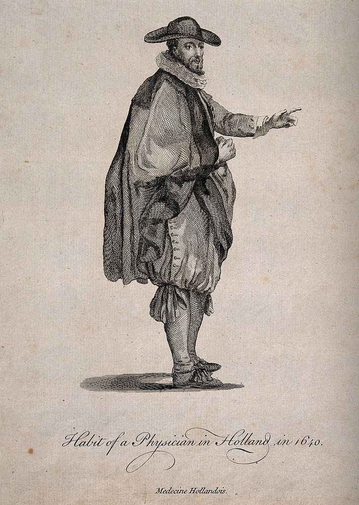 A physician in traditional costume, Holland 1640. Etching.